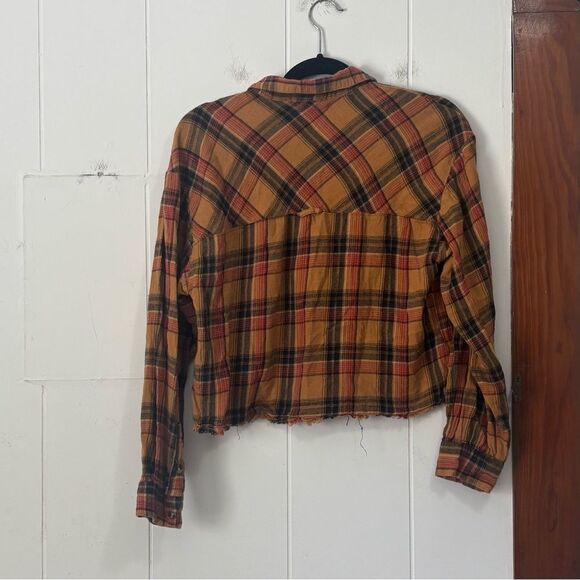 Gilded Intent Orange and Brown Plaid Cropped Button-Down Shirt Large - Picture 5 of 5